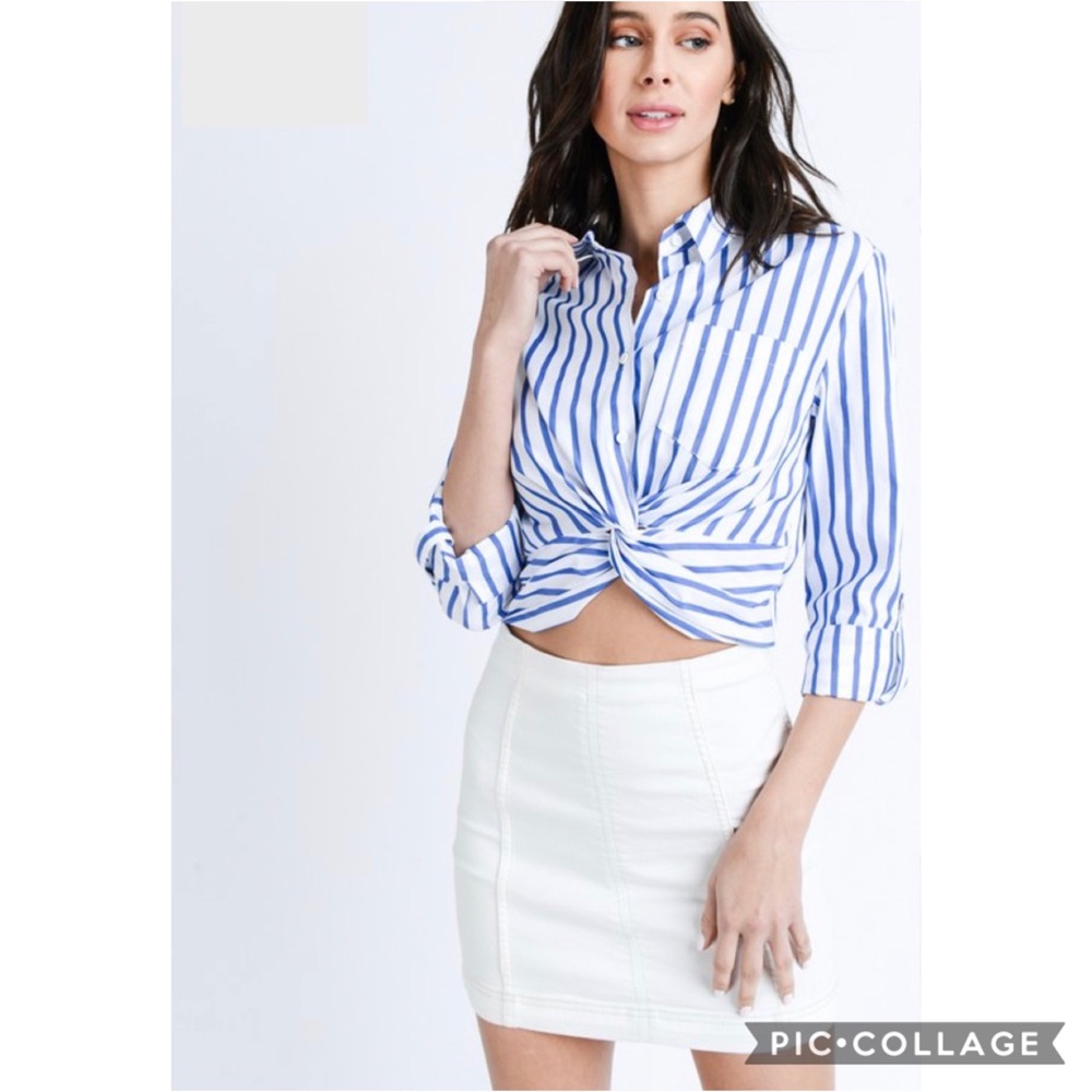 Twist Front Striped Crop Button Down Shirt in Blue